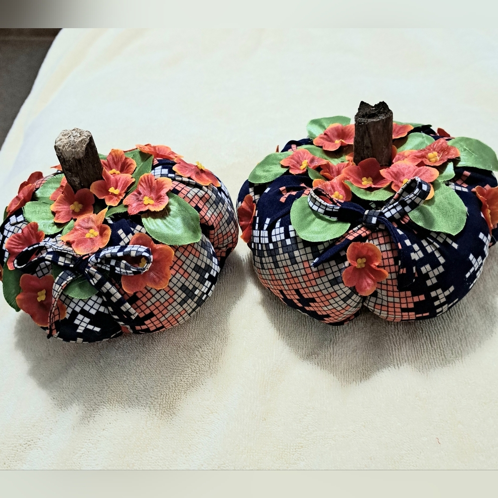 (2) Floral Fabric Pumpkins 21" Around Navy,red And Green